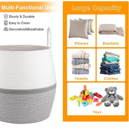 Generic Cotton Matka With Handle 14x12 Inch Storage Basket For Clothes (Gray White)
