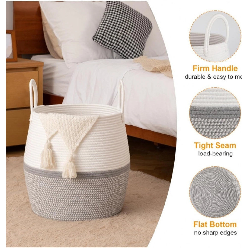 Generic Cotton Matka With Handle 14x12 Inch Storage Basket For Clothes (Gray White)
