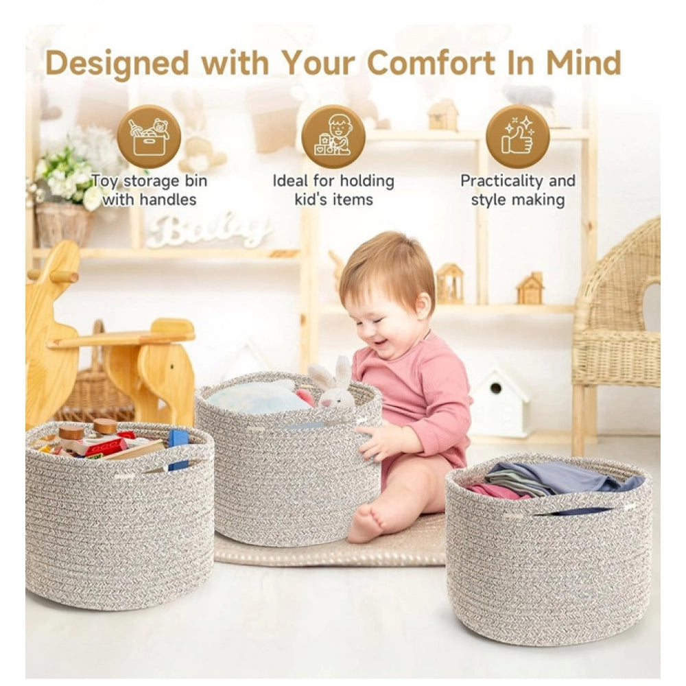 Generic Cotton Kidi 9x7 Inch Pack of 3 Storage Basket For Clothes (Light Brown)