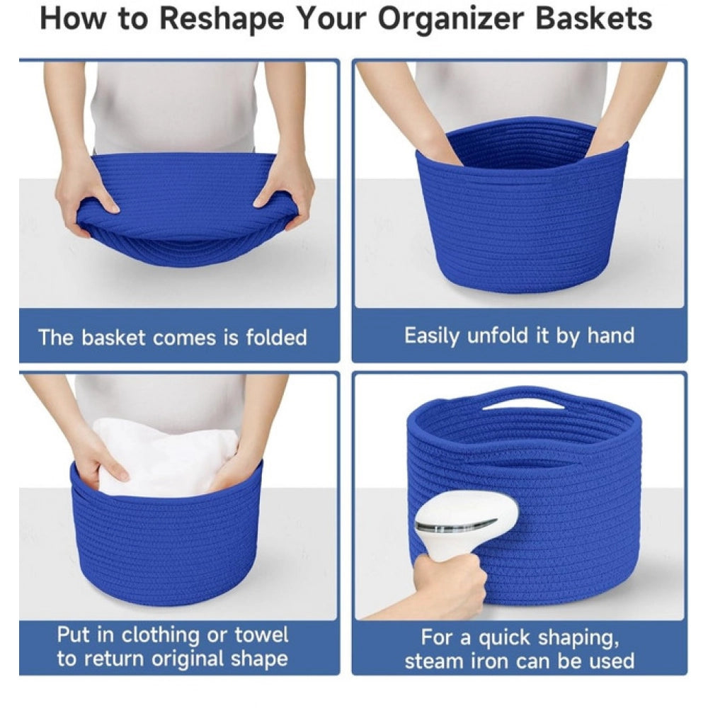 Generic Cotton 9x7 Inch Pack of 3 Storage Basket For Clothes (Royal Blue)