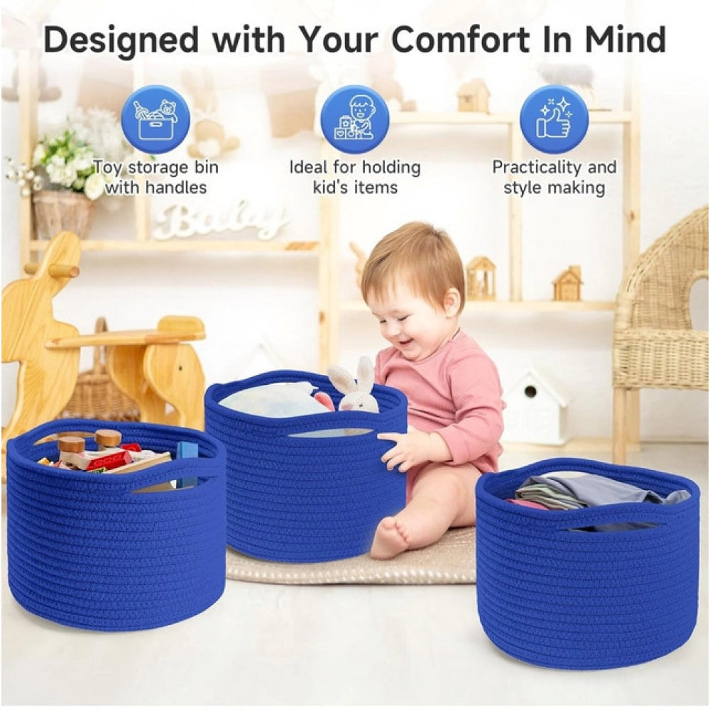 Generic Cotton 9x7 Inch Pack of 3 Storage Basket For Clothes (Royal Blue)