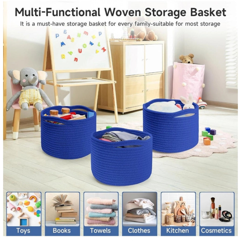 Generic Cotton 9x7 Inch Pack of 3 Storage Basket For Clothes (Royal Blue)