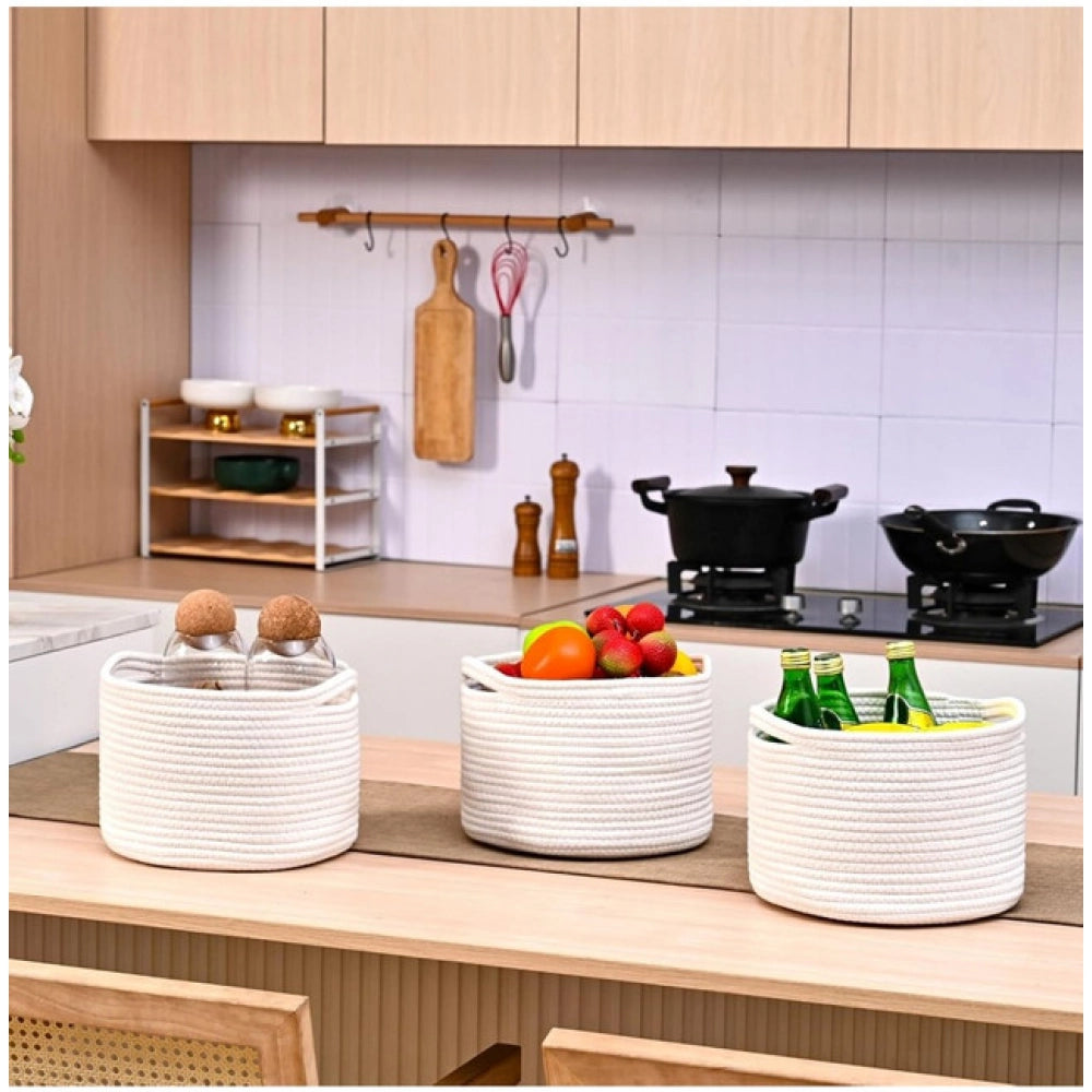 Generic Cotton 9x7 Inch Pack of 3 Storage Basket For Clothes (White)