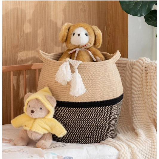 Generic Cotton Matka 14x12 Inch Storage Basket For Clothes (Beige Black)