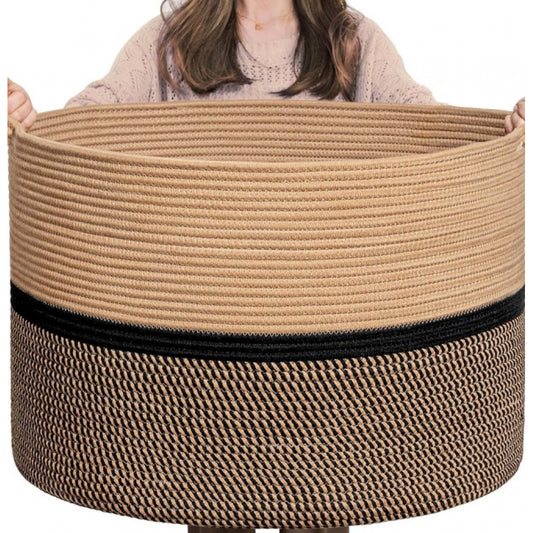 Generic Cotton Dori 16x14 Inch Storage Basket For Clothes (Beige-Beige Black)