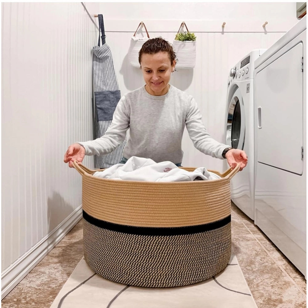 Generic Cotton Dori 16x14 Inch Storage Basket For Clothes (Beige-Beige Black)