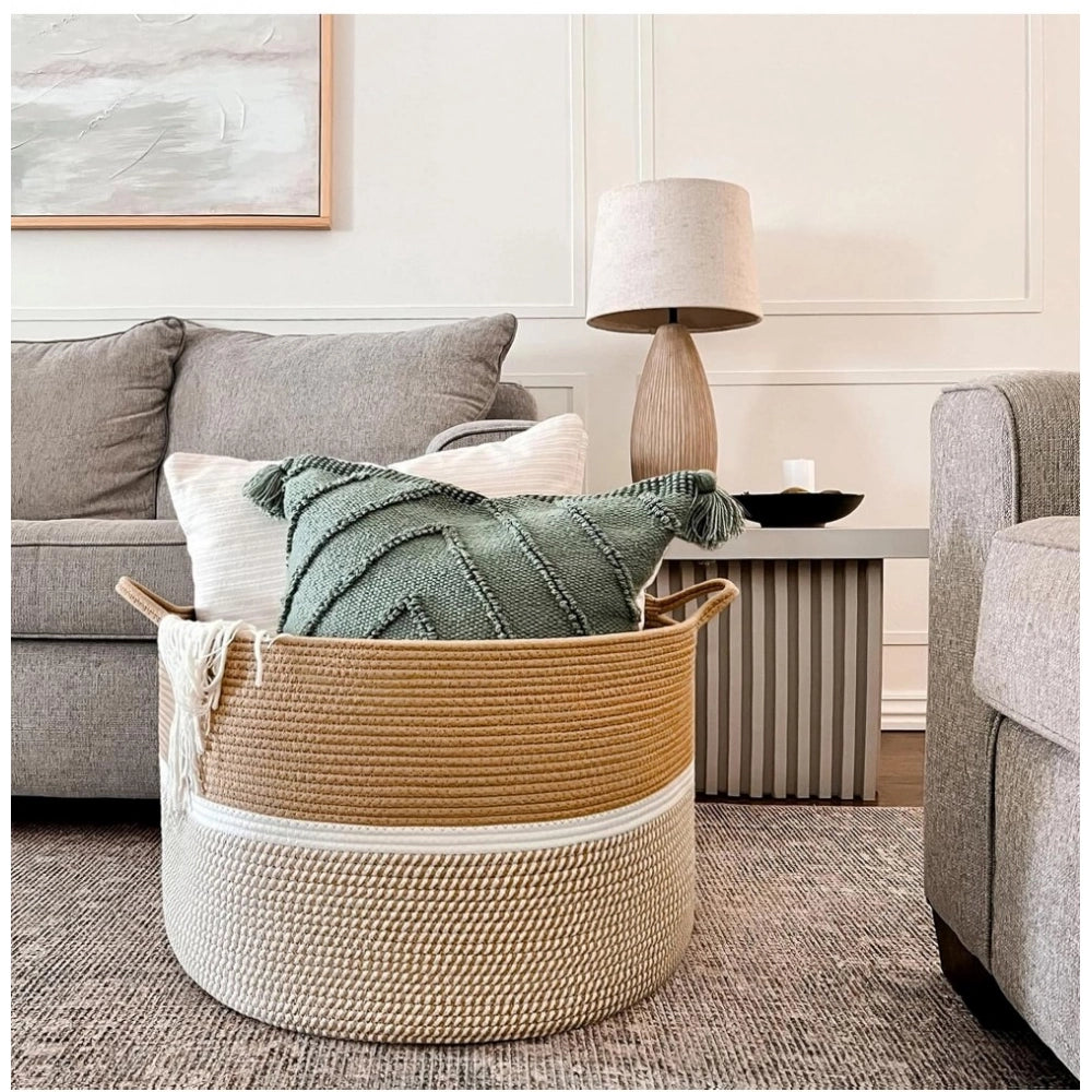 Generic Cotton Dori 16x14 Inch Storage Basket For Clothes (Beige-Beige White)