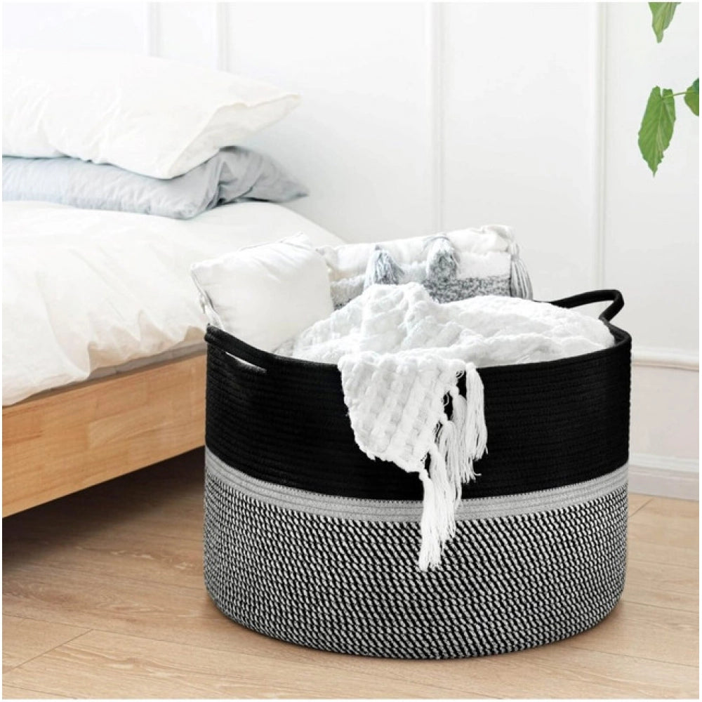 Generic Cotton Dori 16x14 Inch Storage Basket For Clothes (Black-Black White)
