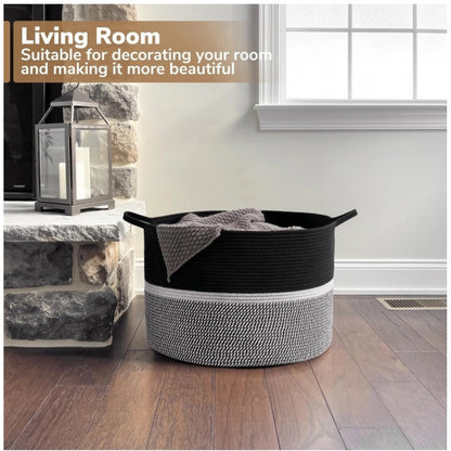 Generic Cotton Dori 16x14 Inch Storage Basket For Clothes (Black-Black White)