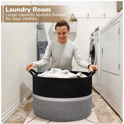 Generic Cotton Dori 16x14 Inch Storage Basket For Clothes (Black-Black White)