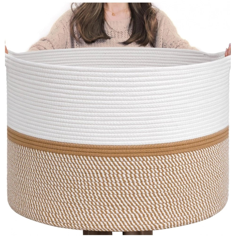 Generic Cotton Dori 16x14 Inch Storage Basket For Clothes (White-Beige White)