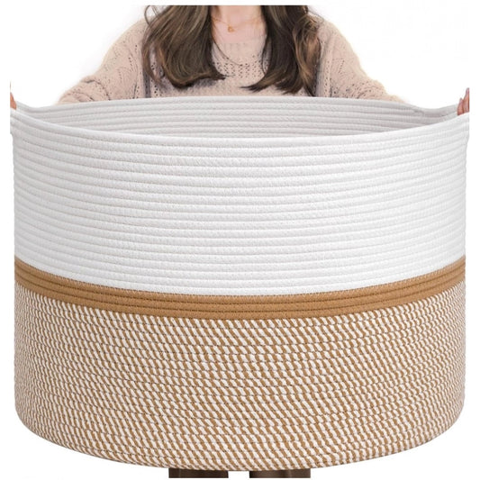 Generic Cotton Dori 16x14 Inch Storage Basket For Clothes (White-Beige White)