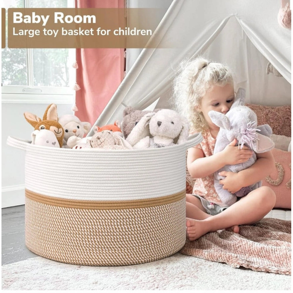 Generic Cotton Dori 16x14 Inch Storage Basket For Clothes (White-Beige White)