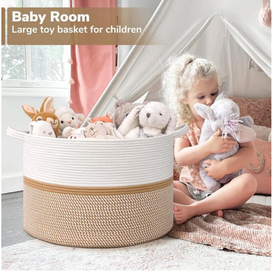 Generic Cotton Dori 16x14 Inch Storage Basket For Clothes (White-Beige White)