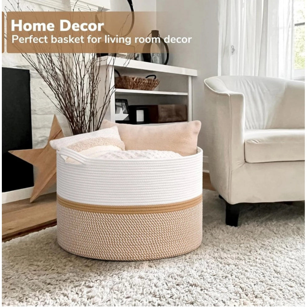 Generic Cotton Dori 16x14 Inch Storage Basket For Clothes (White-Beige White)