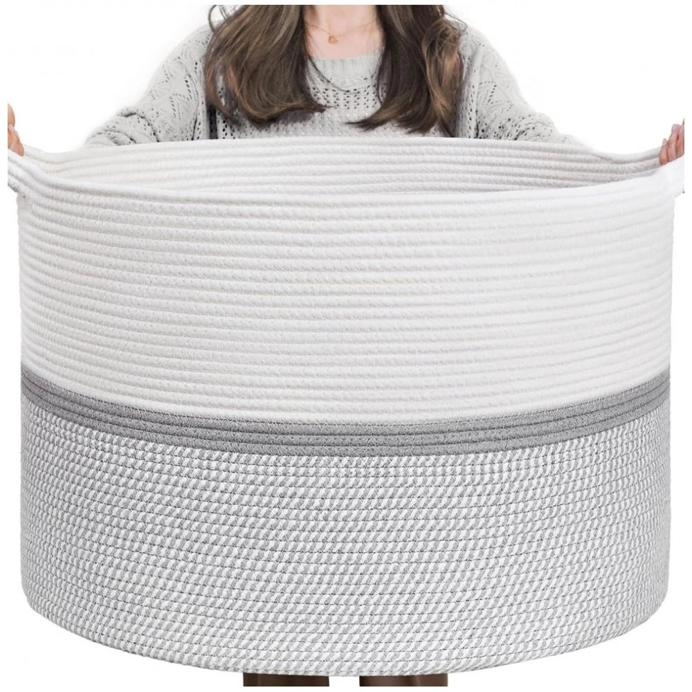 Generic Cotton Dori 16x14 Inch Storage Basket For Clothes (White-Gray White)