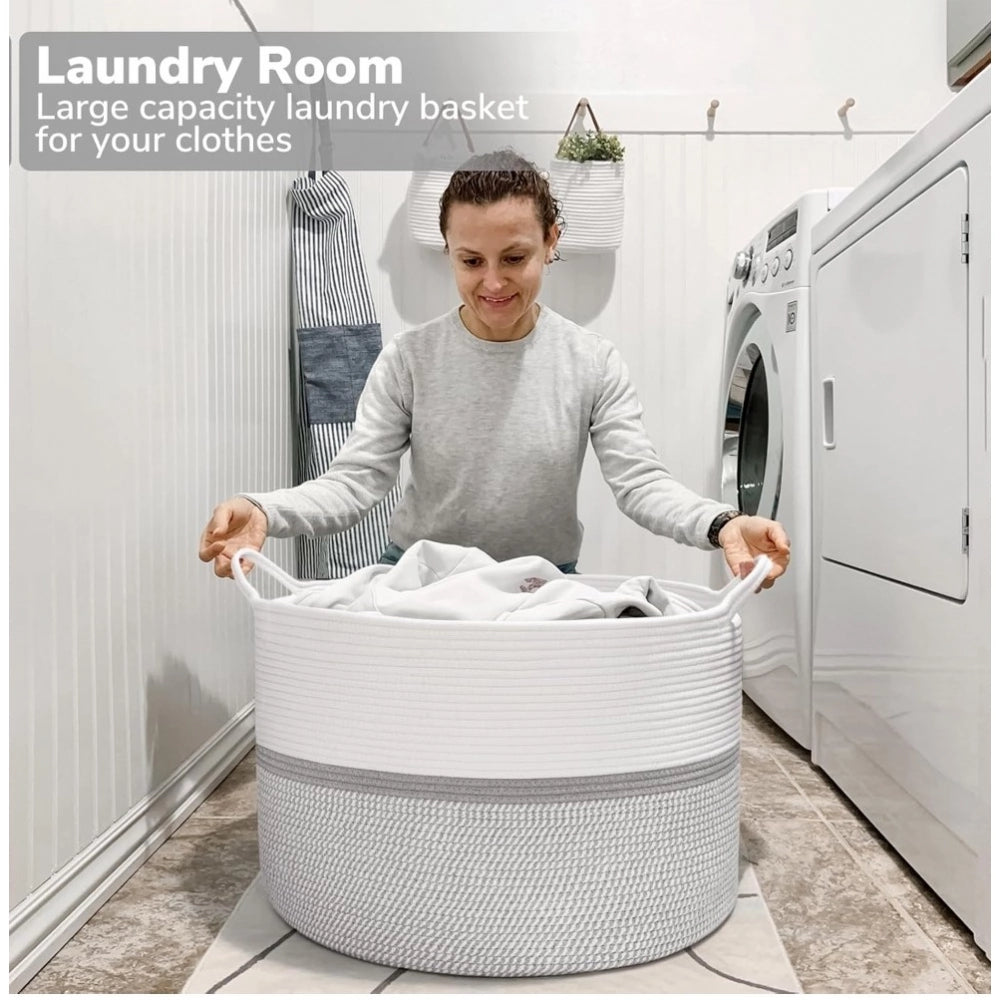 Generic Cotton Dori 16x14 Inch Storage Basket For Clothes (White-Gray White)