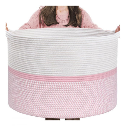 Generic Cotton Dori 16x14 Inch Storage Basket For Clothes (White-Pink White)
