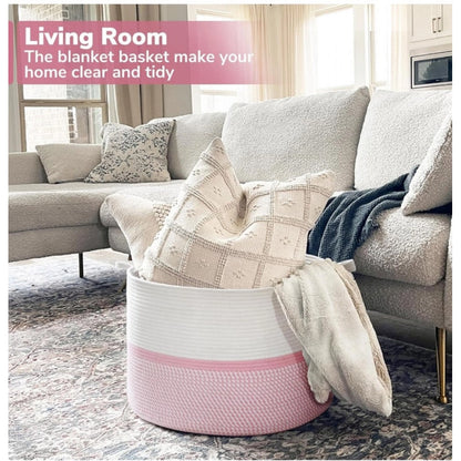 Generic Cotton Dori 16x14 Inch Storage Basket For Clothes (White-Pink White)