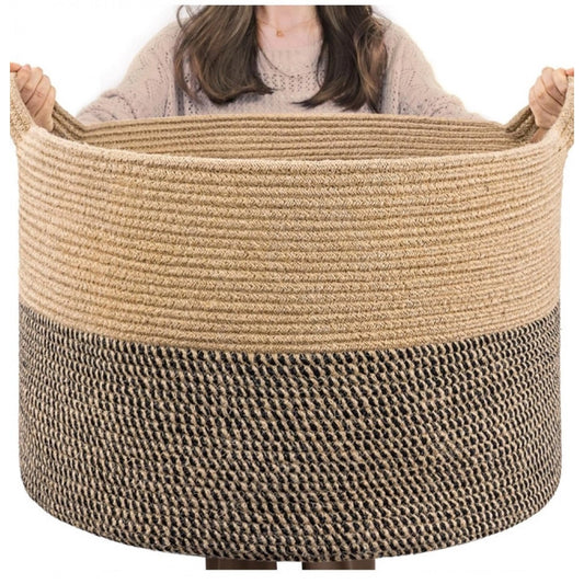Generic Cotton 16x14 Inch Pack of 1 Storage Basket For Clothes (Beige- Beige Black)