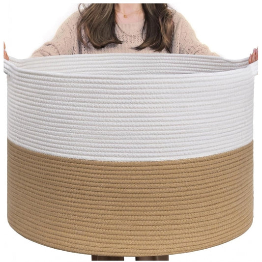 Generic Cotton 16x14 Inch Pack of 1 Storage Basket For Clothes (Beige-White)