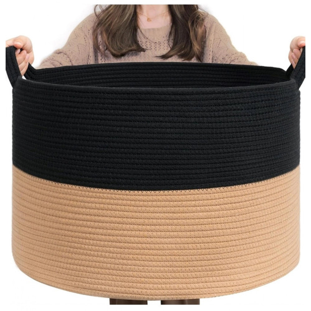 Generic Cotton 16x14 Inch Pack of 1 Storage Basket For Clothes (Black-Beige)