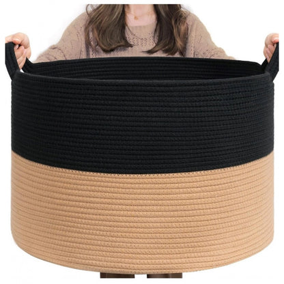 Generic Cotton 16x14 Inch Pack of 1 Storage Basket For Clothes (Black-Beige)