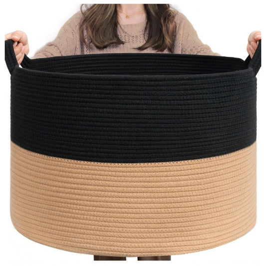 Generic Cotton 16x14 Inch Pack of 1 Storage Basket For Clothes (Black-Beige)