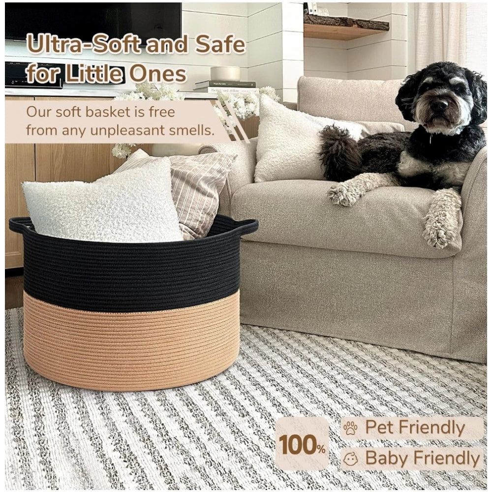 Generic Cotton 16x14 Inch Pack of 1 Storage Basket For Clothes (Black-Beige)