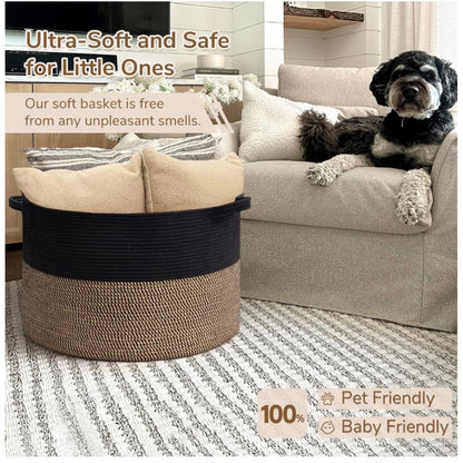 Generic Cotton 16x14 Inch Pack of 1 Storage Basket For Clothes (Black- Beige Black)