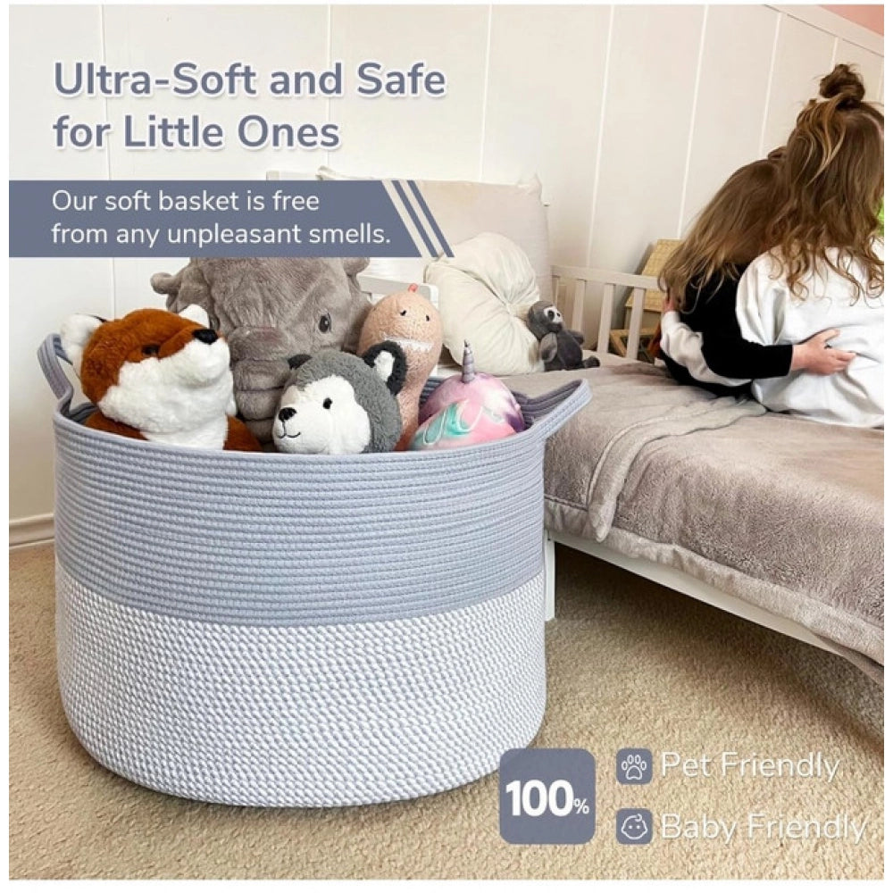 Generic Cotton 16x14 Inch Pack of 1 Storage Basket For Clothes (Gray- Gray White)