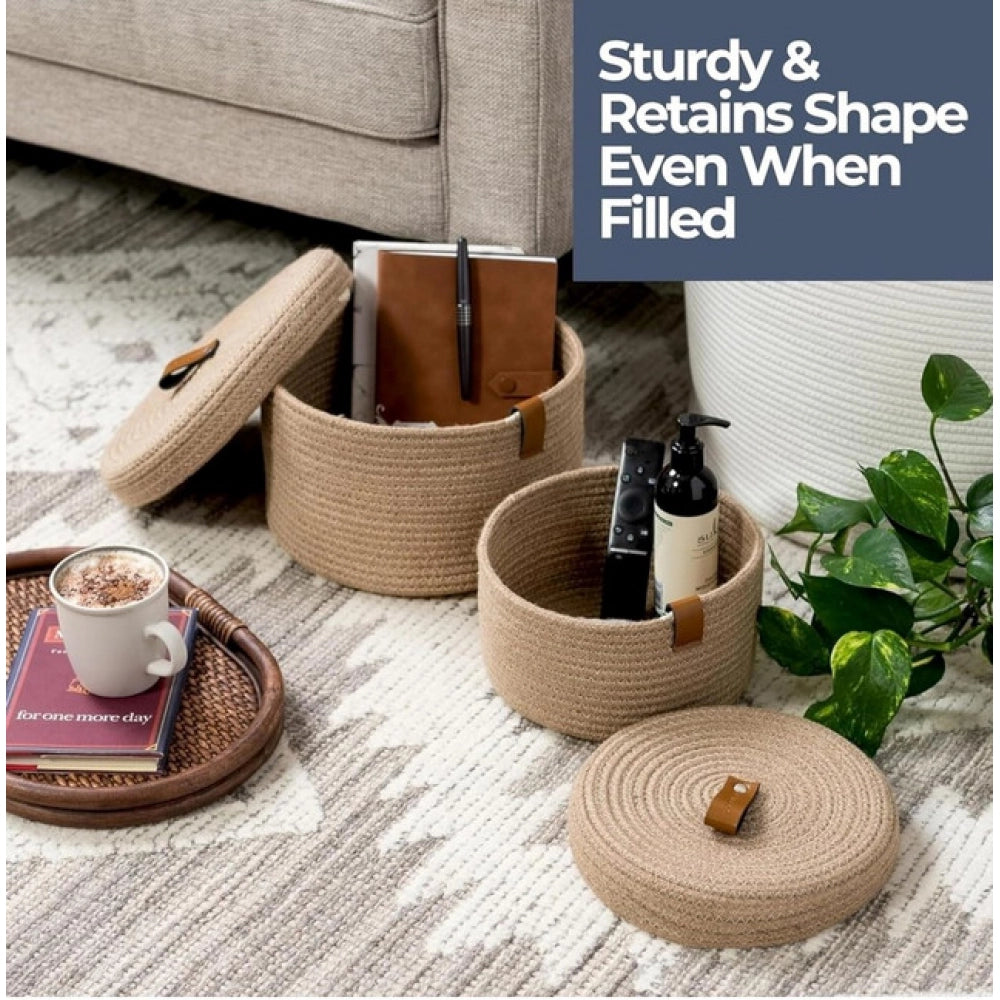 Generic Cotton 3 Pcs Set Roti Box Storage Basket With Lid (Beige)