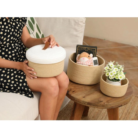 Generic Cotton 3 Pcs Set Roti Box Storage Basket With Lid (Beige)