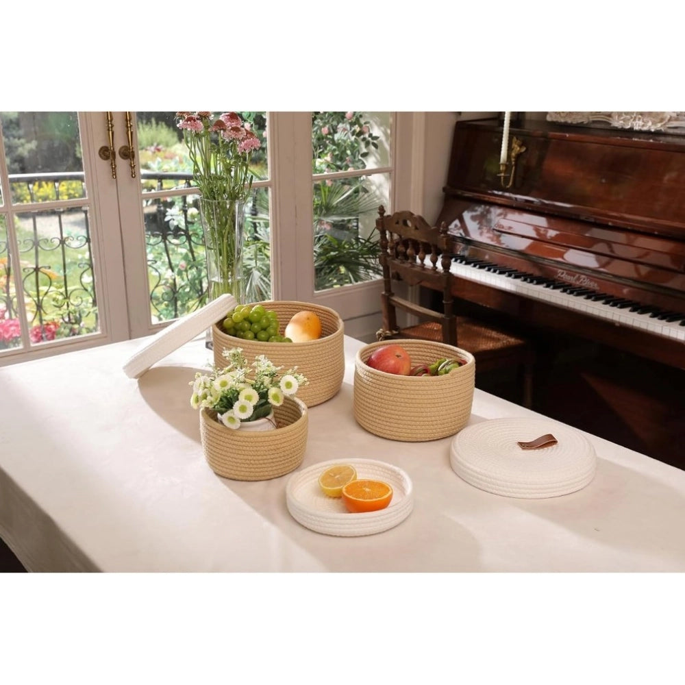 Generic Cotton 3 Pcs Set Roti Box Storage Basket With Lid (Beige)
