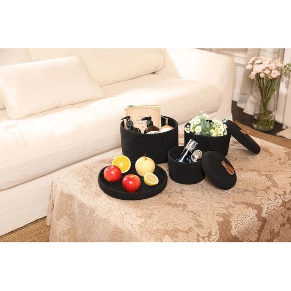 Generic Cotton 3 Pcs Set Roti Box Storage Basket With Lid (Black)