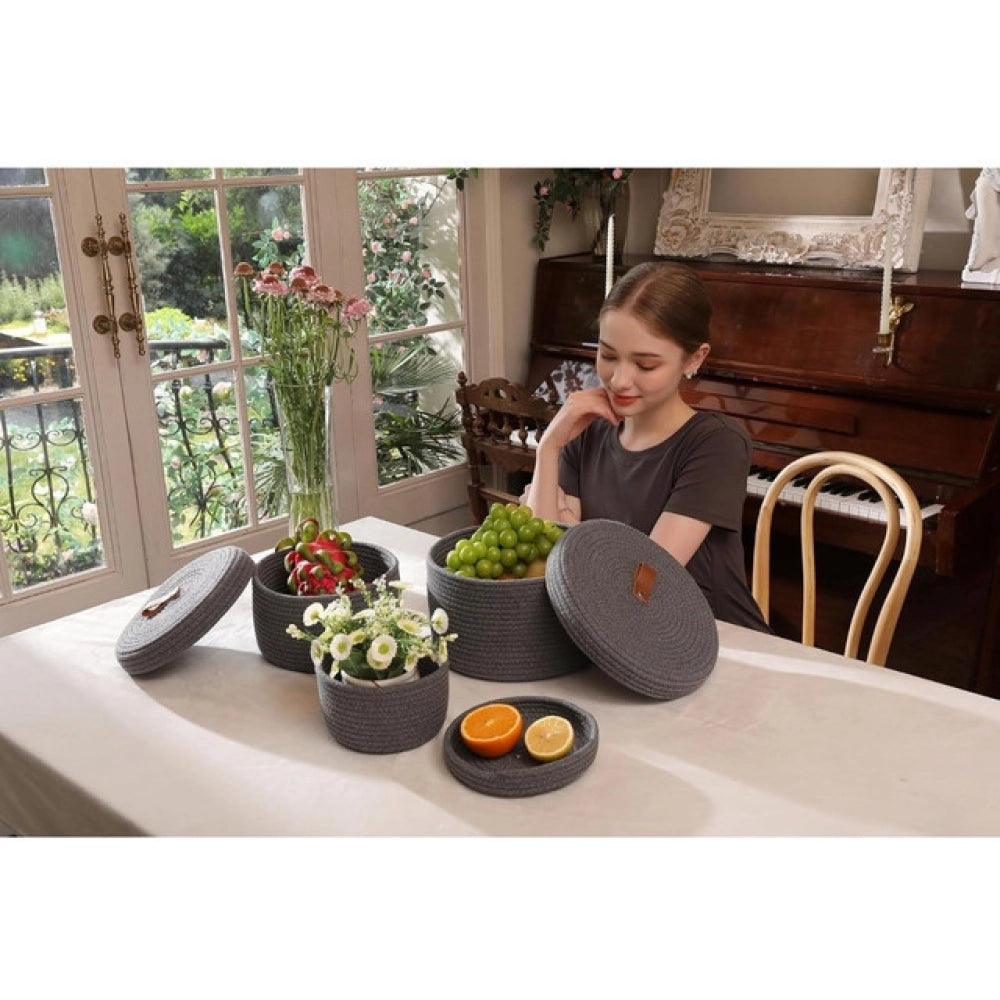 Generic Cotton 3 Pcs Set Roti Box Storage Basket With Lid (Gray)