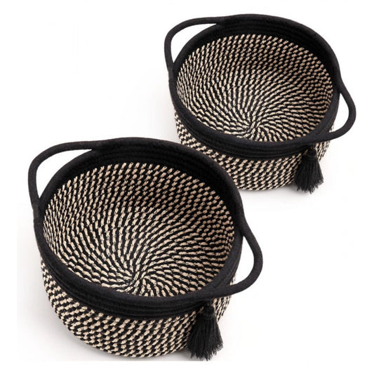 Generic Cotton 8x4 Inch Round 2 Set With Jhalar Bedside Organizer (Black Beige)