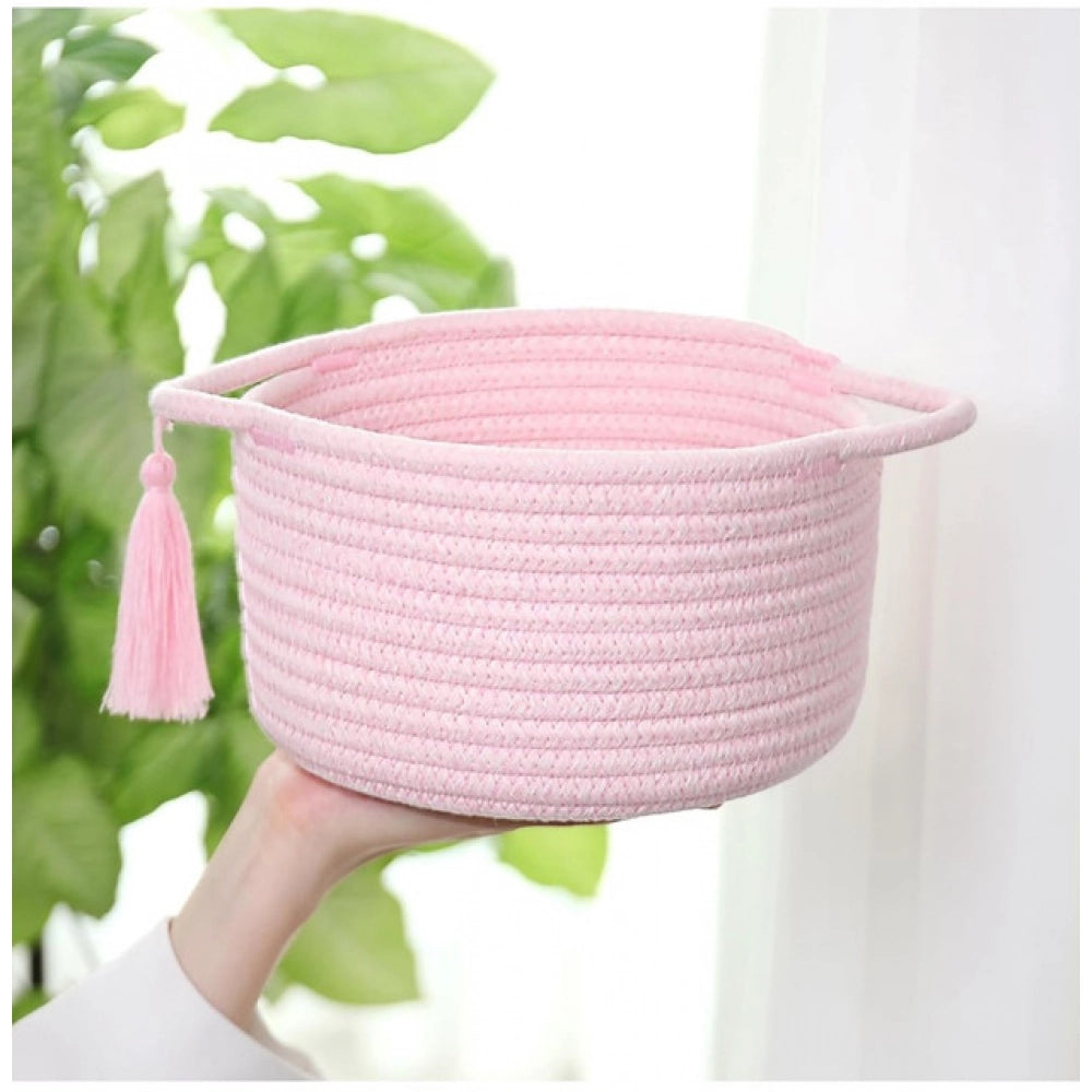 Generic Cotton 8x4 Inch Round 2 Set With Jhalar Bedside Organizer (Pink)