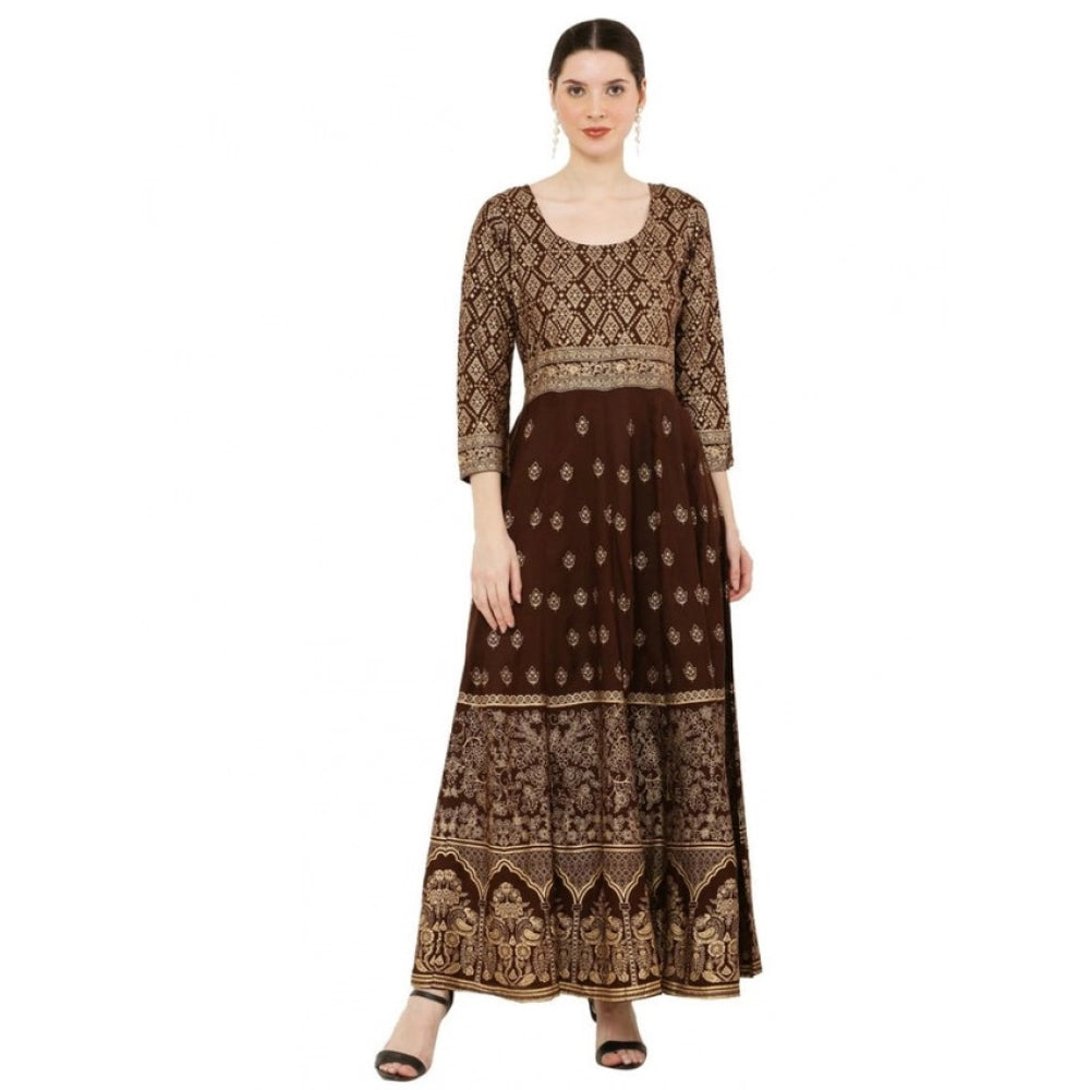 Generic Women's Casual Rayon 3-4th Sleeves Anarkali Kurti (Brown)