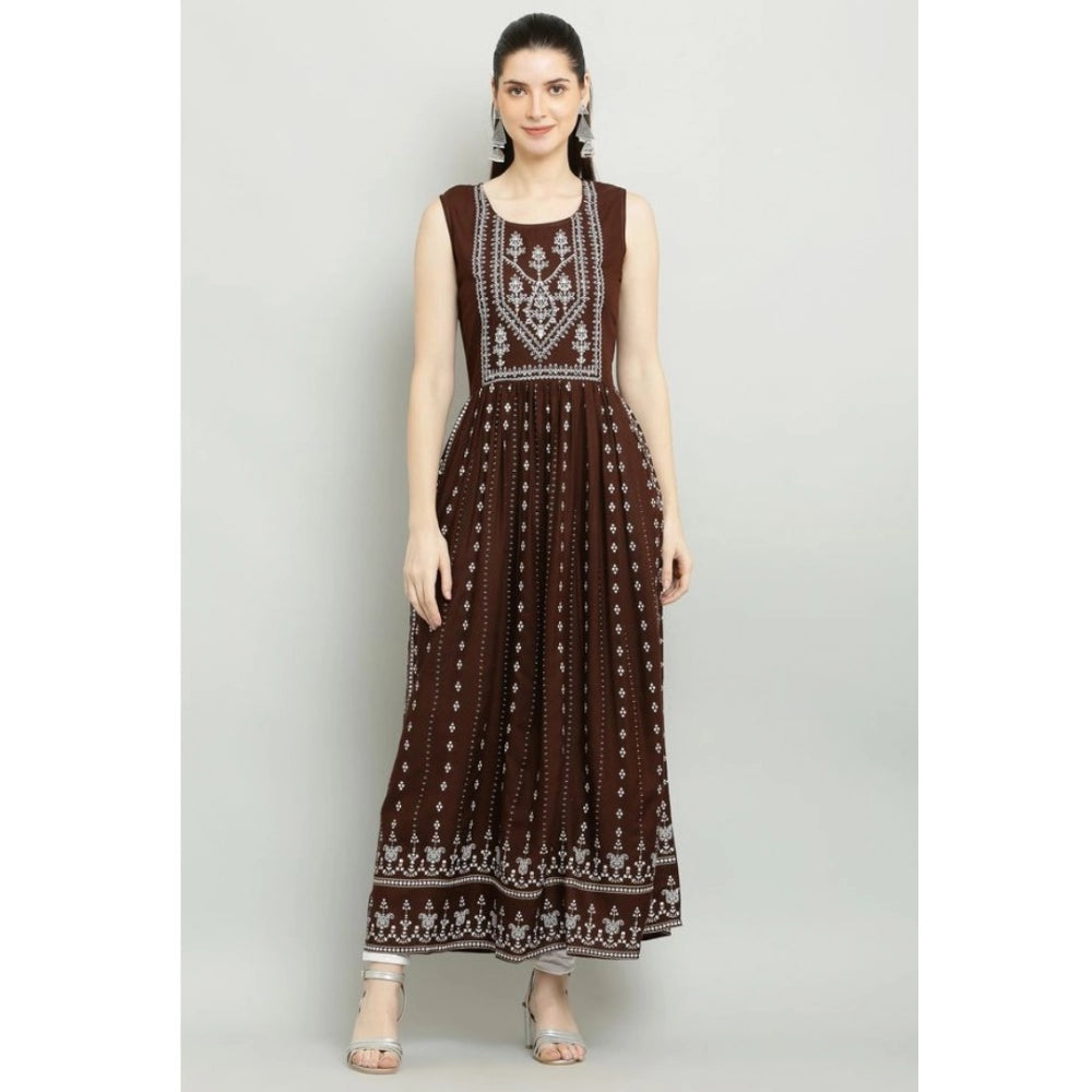 Generic Women's Casual Rayon Sleeveless Kurti (Brown)