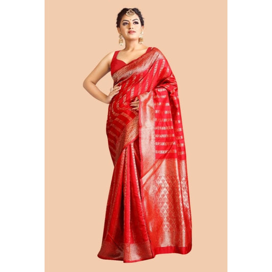 Generic Women's Soft Lichi Silk Printed Saree With Unstitched Blouse 5.5Mtr (Red)