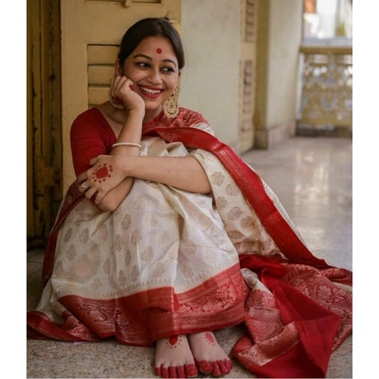 Generic Women's Soft Lichi Silk Printed Saree With Unstitched Blouse 5.5Mtr (White)