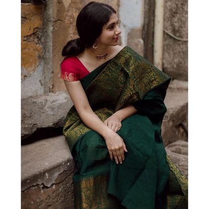 Generic Women's Soft Lichi Silk Printed Saree With Unstitched Blouse 5.5Mtr (Green)