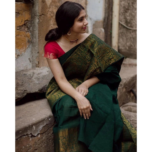 Generic Women's Soft Lichi Silk Printed Saree With Unstitched Blouse 5.5Mtr (Green)