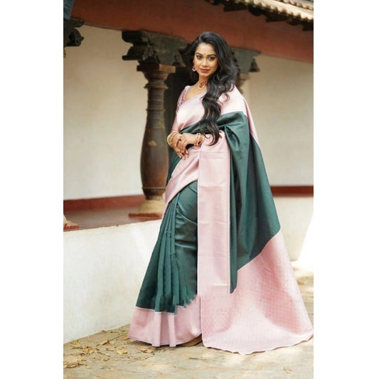 Generic Women's Soft Lichi Silk Printed Saree With Unstitched Blouse 5.5Mtr (Green)
