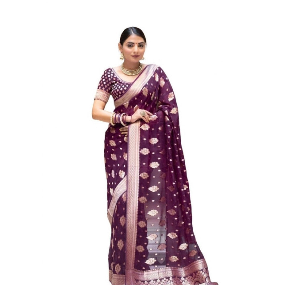 Generic Women's Soft Lichi Silk Printed Saree With Unstitched Blouse 5.5Mtr (Purple)