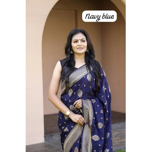 Generic Women's Soft Lichi Silk Printed Saree With Unstitched Blouse 5.5Mtr (Navy Blue)