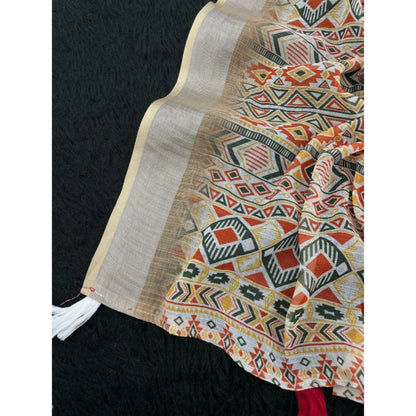 Generic Women's Linen Cotton  Printed Saree With Unstitched Blouse 5.5Mtr (Cream)