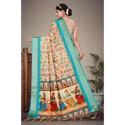 Generic Women's Cotton Silk  Printed Saree With Unstitched Blouse 5.5Mtr (Sky Blue)