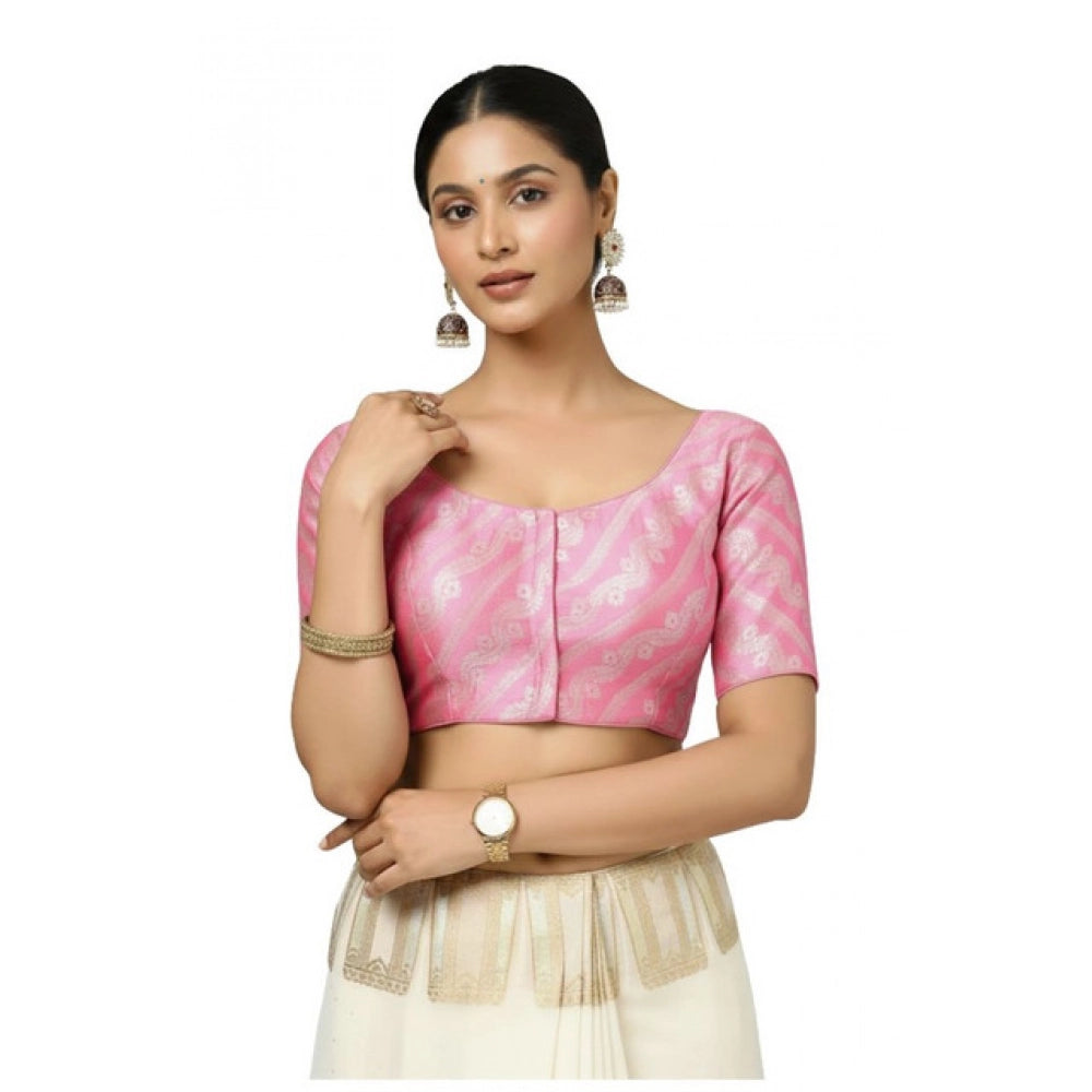 Generic Women's Jacquard Zari Round Neck Padded Blouse (Light Pink 38 Ready (Self Alterable 36–40)